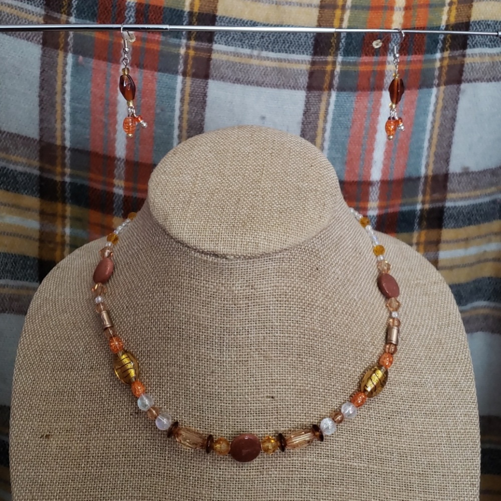 Vintage art glass, necklace, and earrings set